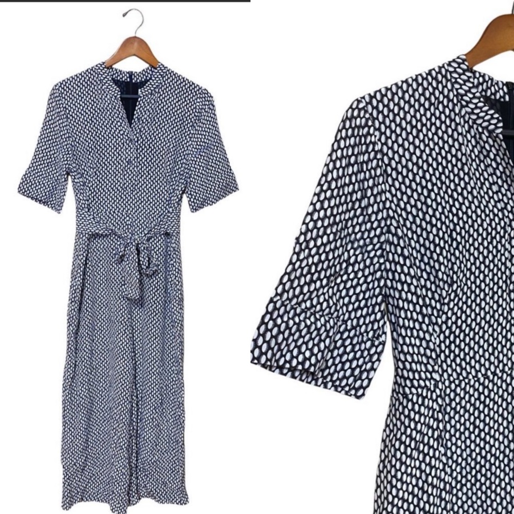 LK Bennett Womens Black and White Notched Neckline Buttons Up Belted Jumpsuit Sz